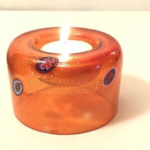 Orange Clear Art Glass Tealight Votive Candle Holder Hand Blown Millefiore
